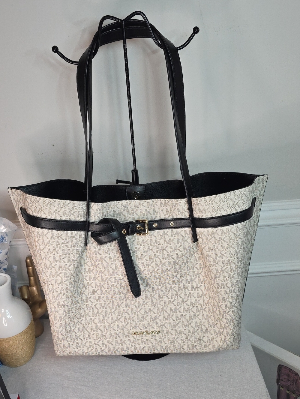 Michael Kors Emilia Large Tote Bag in a vanilla and black monogram design
